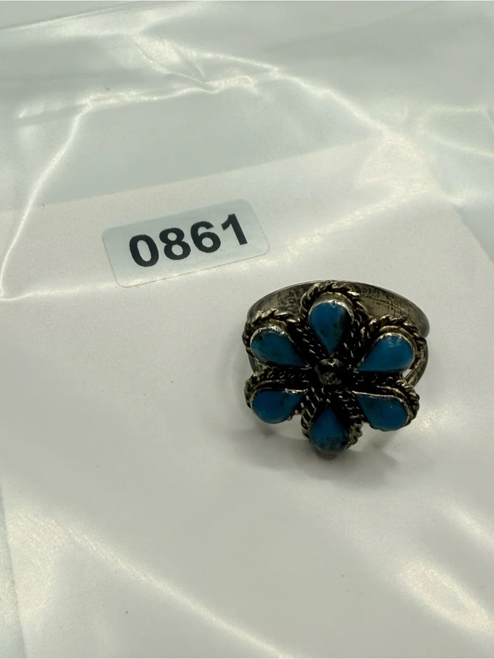 Native‎ American Sterling Silver Turquoise Flower Ring MGD Mary Grace Design sz6